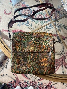Patricia Nash Tooled Floral Leather Crossbody Bag Brown Green Boho